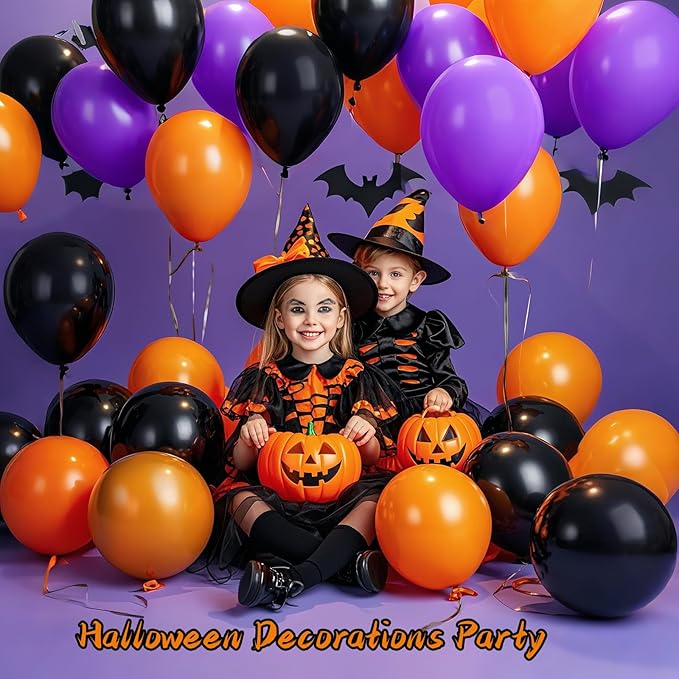 Orange and Black Balloons with Ribbons, 12-Inch Halloween Party Orange Purple - Image 3