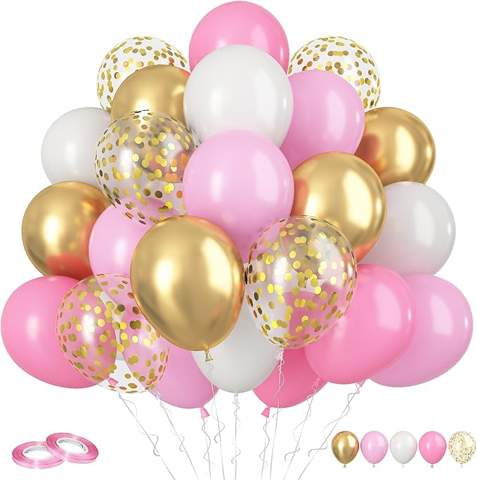 FunHot Pink and Gold Balloons, 12 Inch Metallic Gold Confetti Balloons Helium by FunHot
