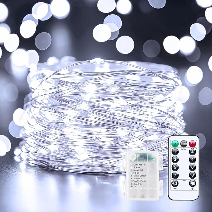 66Ft 200 LED Outdoor String Lights, Pure White Fairy Lights Battery Operated by Minetom