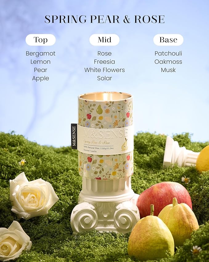 M&SENSE Spring Pear Rose Scented Candle, Medium Jar Candle 11.3oz Natural Soy - Image 2