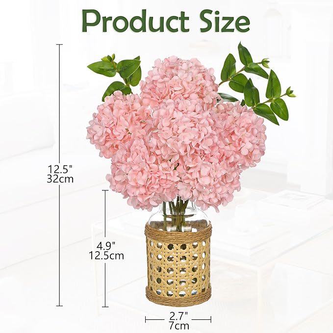 Hollyone Pink Hydrangea Artificial Flowers in Woven Glass Vase - Image 6