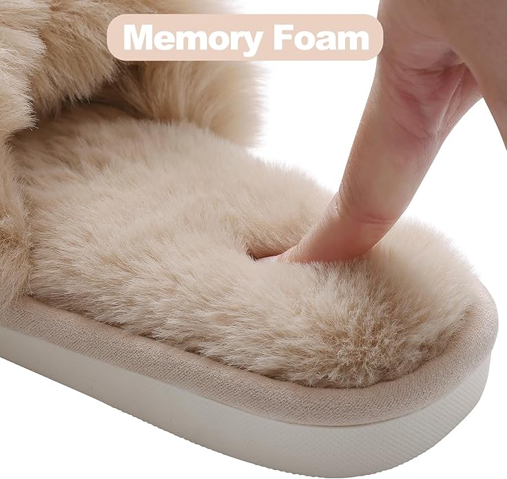 Evshine Women's Fuzzy Slippers Cross Band Memory Foam House Slippers Open Toe - Image 5
