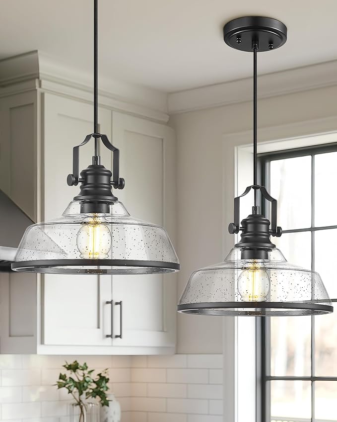 kudos Seeded Glass Pendant Light Kitchen Island, Adjustable Cord, KDPL13-BK-S - Image 2