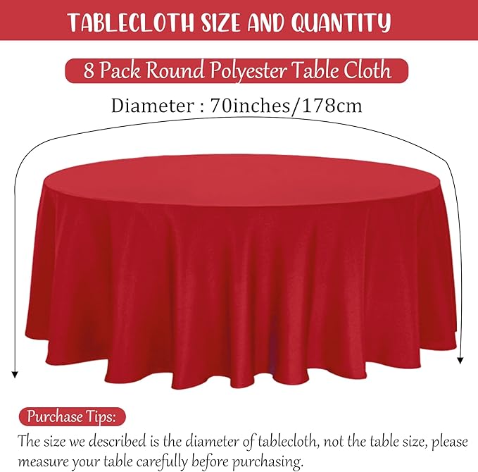 8 Pack Round Tablecloth 70 Inch Red Round Table Covers Bulk Washable Polyester - Image 2