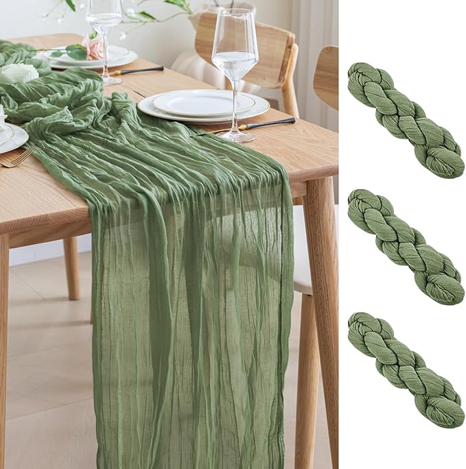 Asee'm 3pcs Cheesecloth Table Runner 120 Inches Sage Green Boho Gauze Cheese by Aseem