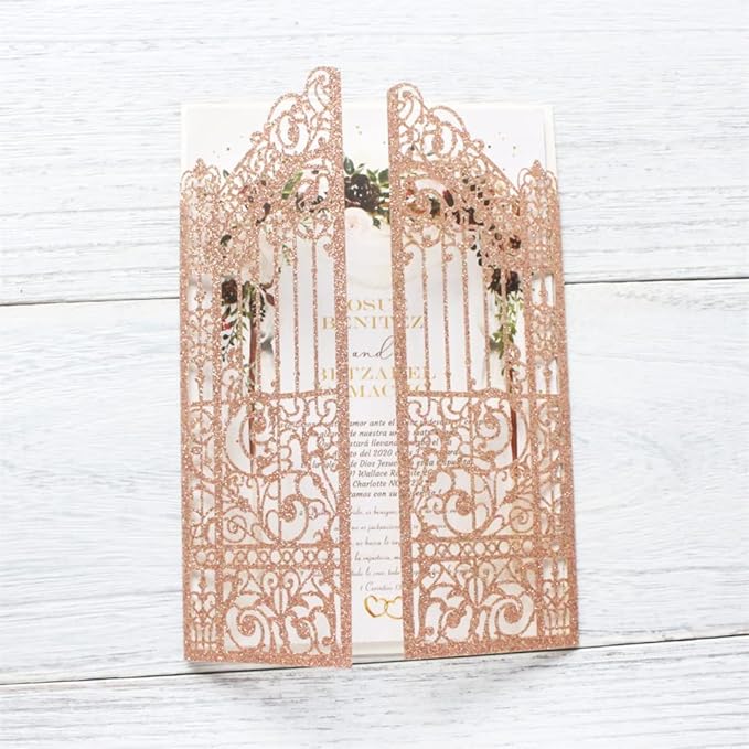 Glittery Hollow Rose Gold Invitations Gate Design - Image 2