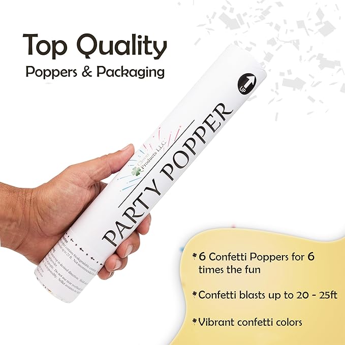 Clover Products 12" Biodegradable Confetti Cannons | 6 Pack | White Poppers - Image 5