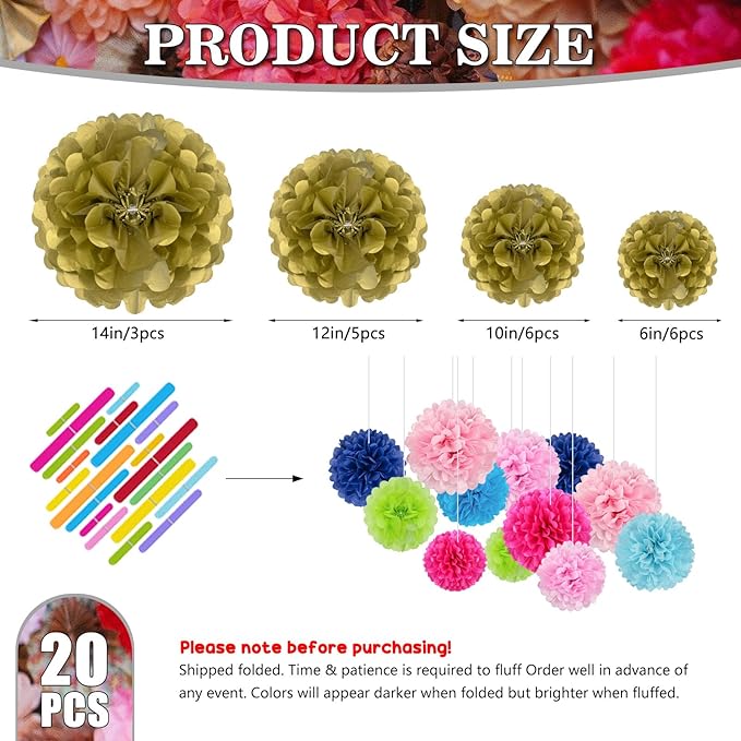 Tissue Paper Pom Poms, Hanging Flower Balls - Image 2