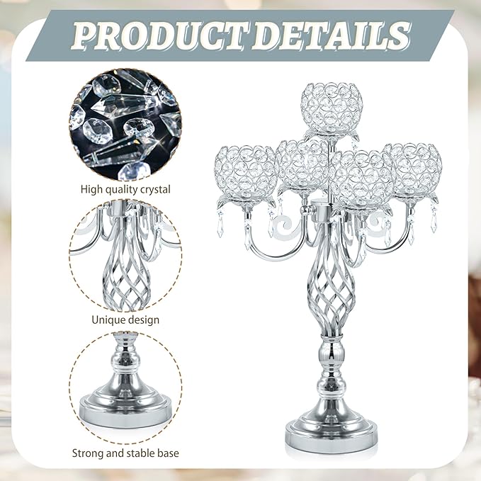 5-Arm Crystal Candelabra Centerpiece 23.2" Tall - Image 3