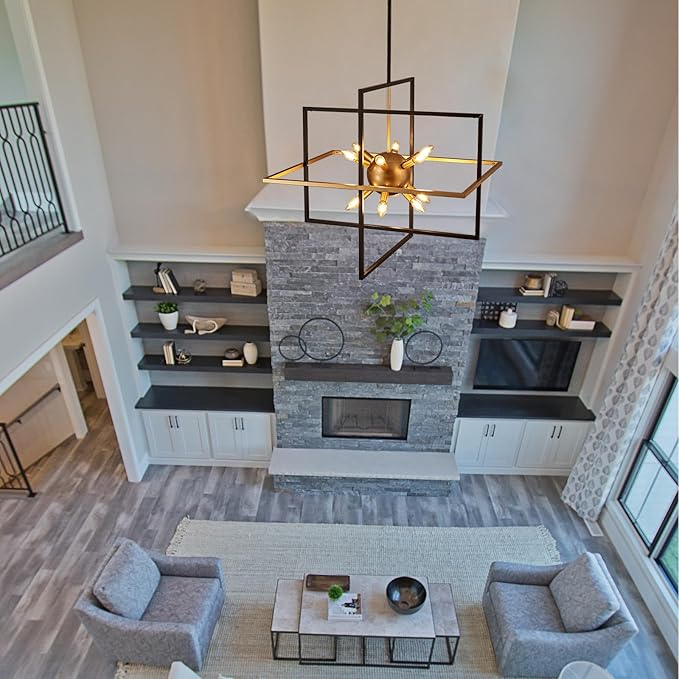 31.5'' Large Modern Lantern Chandeliers, 12-Light Black Gold Geometric Pendant - Image 8