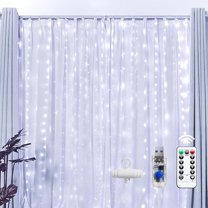 Brightown 300 LED Fairy Curtain Lights, 9.8ft x 9.8ft White Curtain String by Brightown