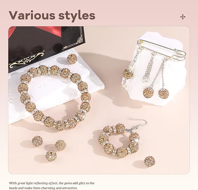 160pcs 10mm Rhinestone Beads for Jewelry Making, Light Brown Shiny Round Disco - Image 2