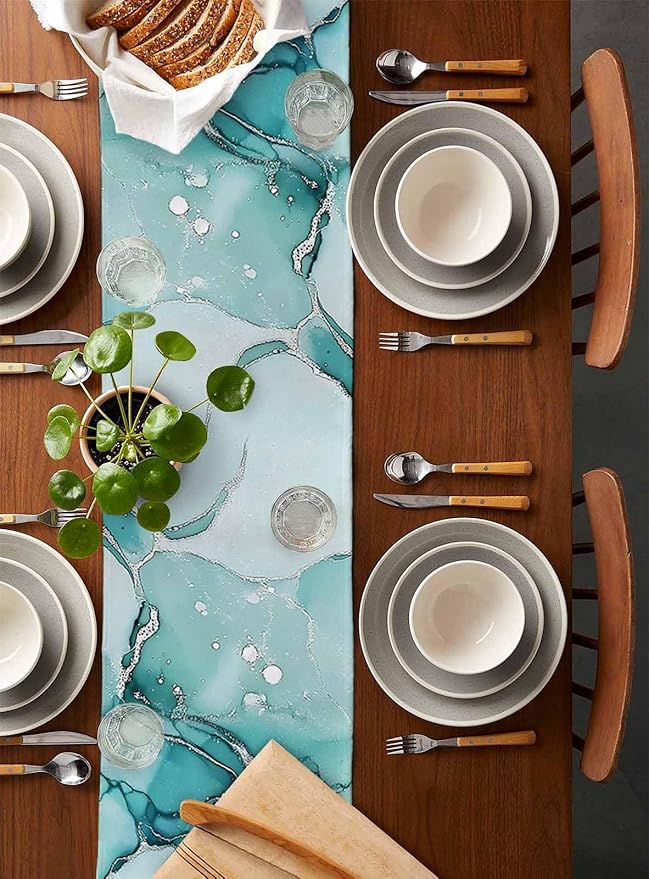 Turquoise Marble Cotton Linen Table Runner - Image 5