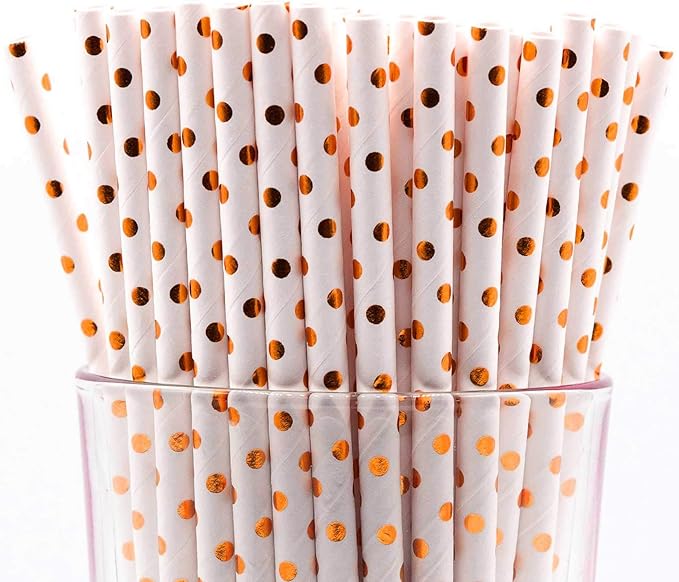 Pack of 150 Rose Gold Polka Dot Foil Biodegradable 4-Ply Paper Drinking Straws by Stephanie+Imports