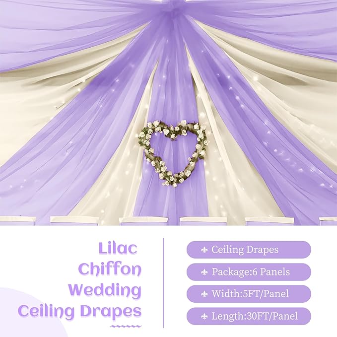 6 Panels Lilac Wedding Ceiling Drapes 5ftx30ft Ceiling Drapes Chiffon Fabric - Image 3