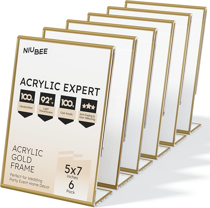 NIUBEE 6 Pack 5 x 7 Acrylic Gold Frame, Slanted Back Table Sign Holder by NIUBEE