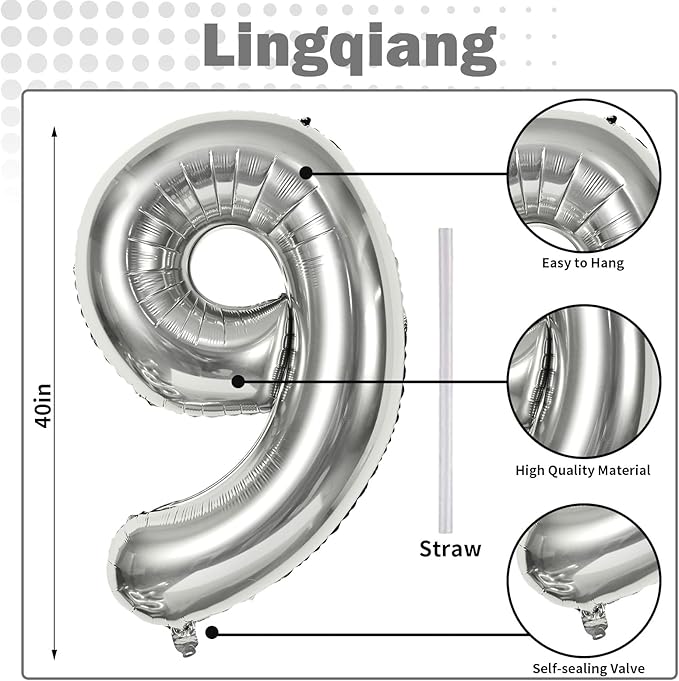 40'' Silver Number 9 Balloons for Women Men, Giant Self Inflating Foil Number - Image 2