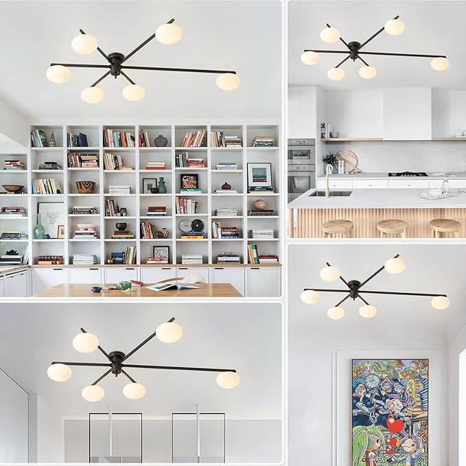 6-Light Mid Century Semi Flush Mount Black Matte Sputnik Chandelier Fixtures - Image 5