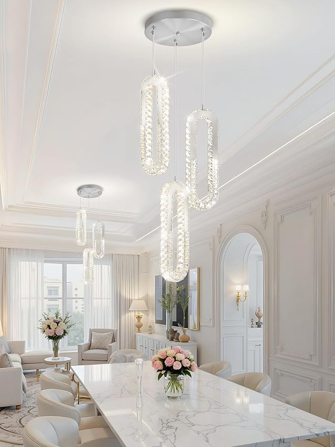 3-Light Modern Pendant Light for Kitchen Island Crystal Ring Chandelier Silver - Image 8