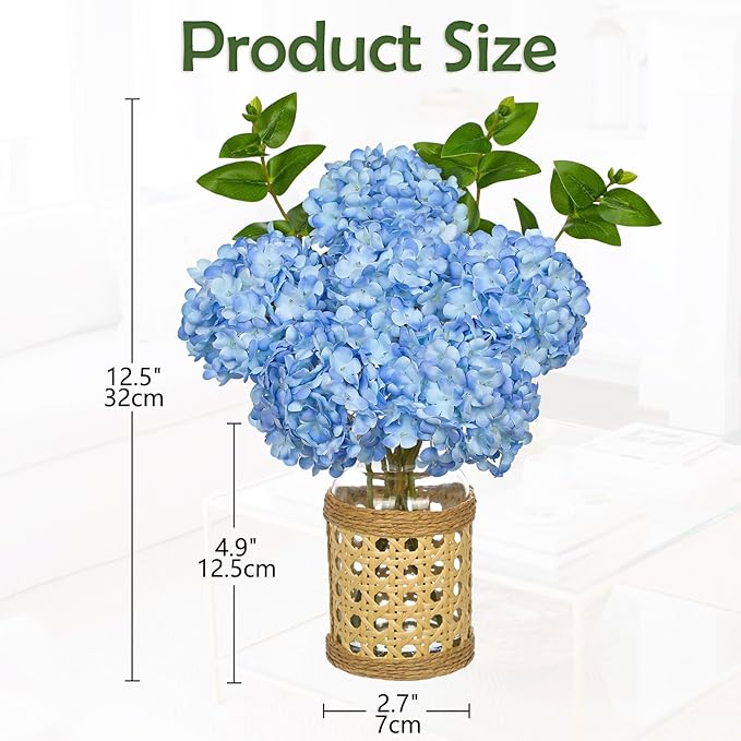 Hollyone Blue Hydrangea Artificial Flowers in Woven Glass Vase - Image 6