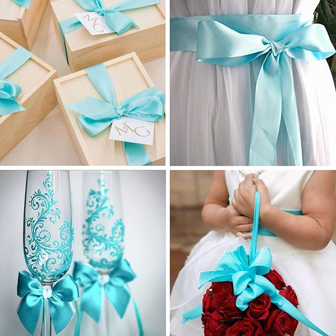 1-1/2" x 50 Yards Aqua Blue Satin Ribbon Single Faced Fabric Ribbons - Image 4