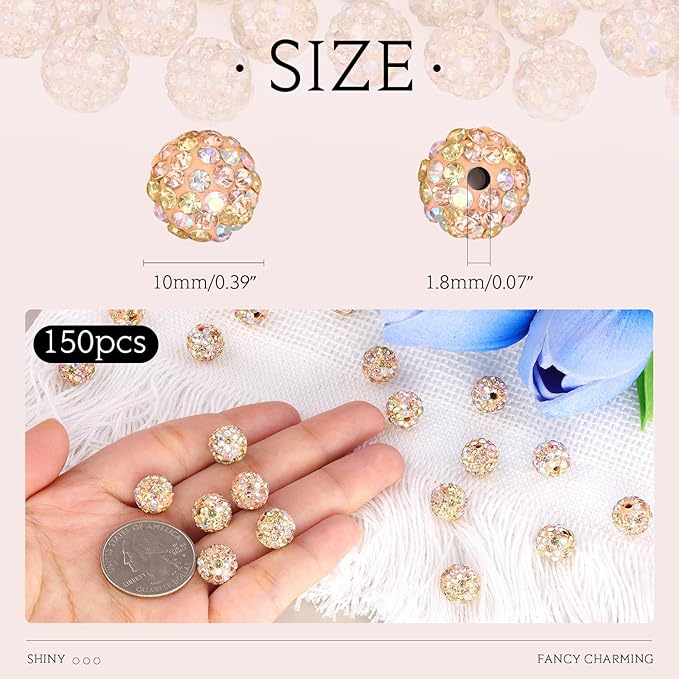 150pcs 10mm Rhinestone Beads for Jewelry Making, Light Peach AB Shiny Round - Image 2