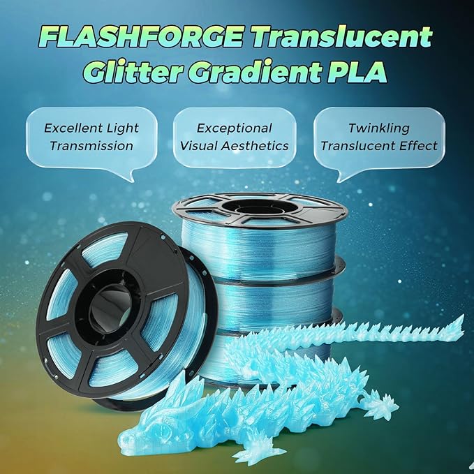 FLASHFORGE Translucent Glitter PLA Mermaid Tears Filament, Shiny Sparkling - Image 2
