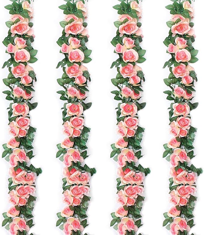 Musdoney 4Pcs 32.2 FT Fake Rose Vine Flowers Plants Artificial Flower Garland by Fakeflowerdecoration