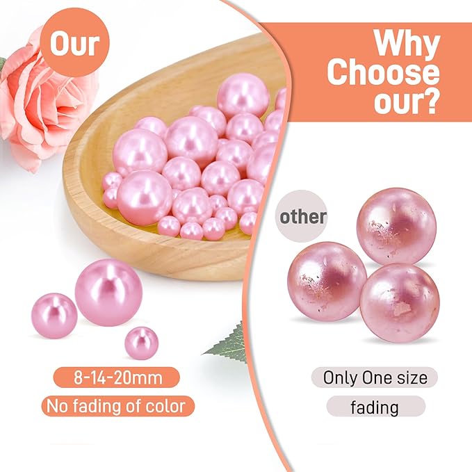 180PCS Pink Beads for Centerpieces Vases, No Hole Polished Pearl Makeup Beads - Image 3