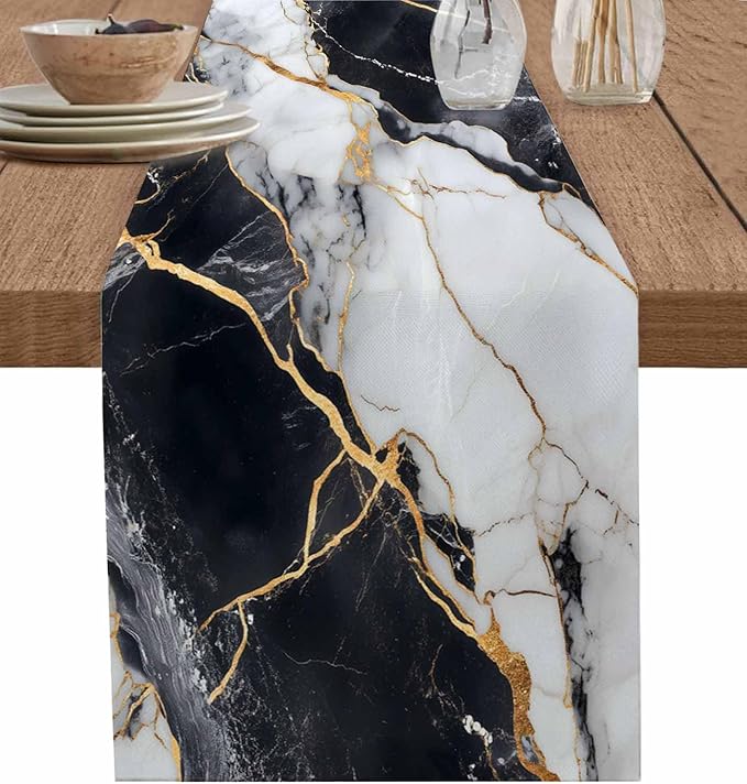 Black White Marble Cotton Linen Table Runner by Unknown