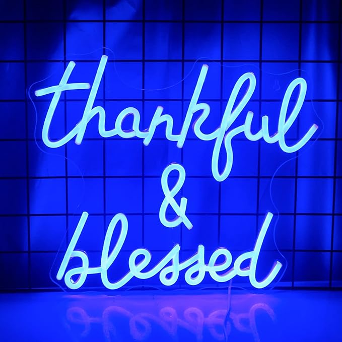 Thankful and Blessed Neon Sign Thanksgiving Led Sign Blessed Neon Lights Blue by Wanxing
