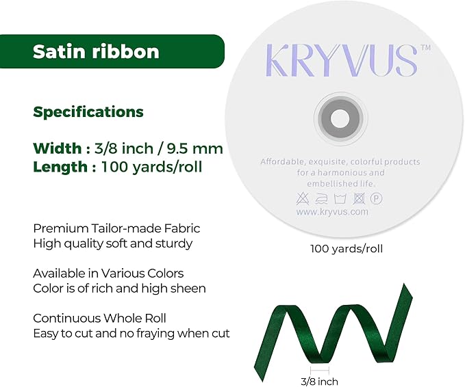 Green Satin Ribbon 3/8 inch X Continuous 100 Yards, Single Face Polyester - Image 3