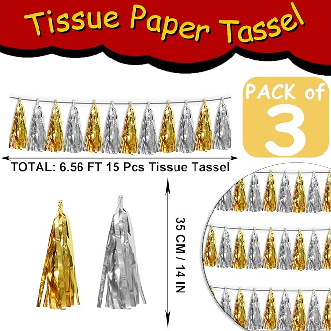 3P Gold Silver Metallic Fringe Tassel Banner Garland Foil Tinsel Streamer Wall - Image 2