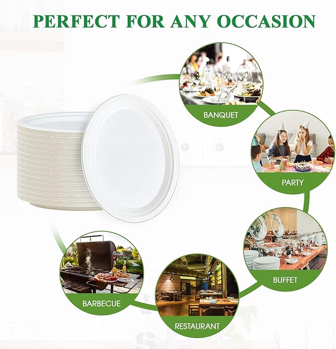 Vplus 100% Compostable Oval Paper Plates 12 inch 125 Pack Super Strong - Image 6