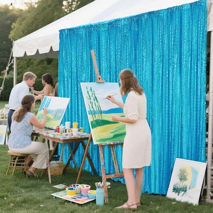 Turquoise Sequin Backdrop Curtain 2 Pieces 2FTx8FT Glitter Photography Backdrop - Image 2