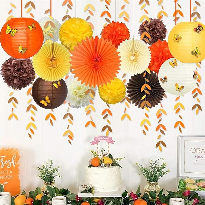 Fall Party Decorations Kit Yellow Orange Brown Paper Hanging Fans Lantern - Image 4