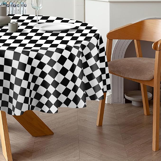 QIKSION Black and White Gingham Round Tablecloth 2 Pack, 84 Inch Plastic - Image 3