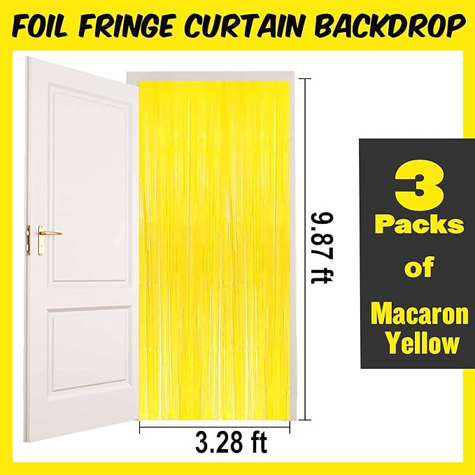 3 Pack Macaron Yellow Foil Fringe Curtains Backdrop, 3.28 x 9.8 Ft Metallic - Image 2