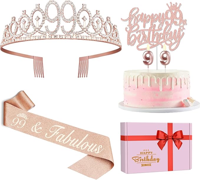99th Birthday Decorations for Women Including Birthday Sash and Tiara, Candles by JueslyBirthdayParty