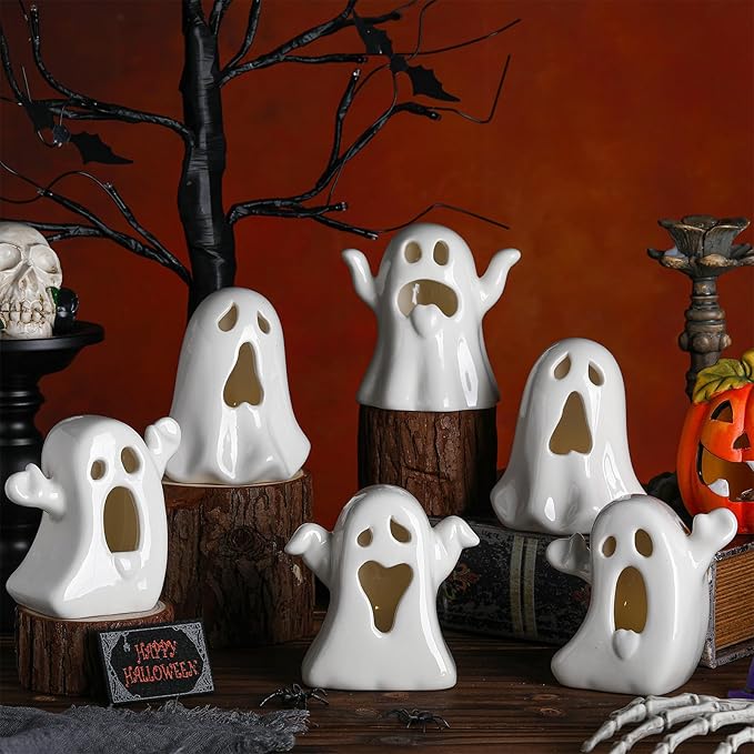 Wesiti 6 Pcs Ceramic Ghost Light up Halloween Decorations Indoor Small White - Image 5