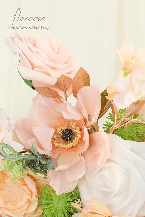 Floroom Blush Peach Pink Artificial Flowers Cream Fake Roses Peonies and - Image 5