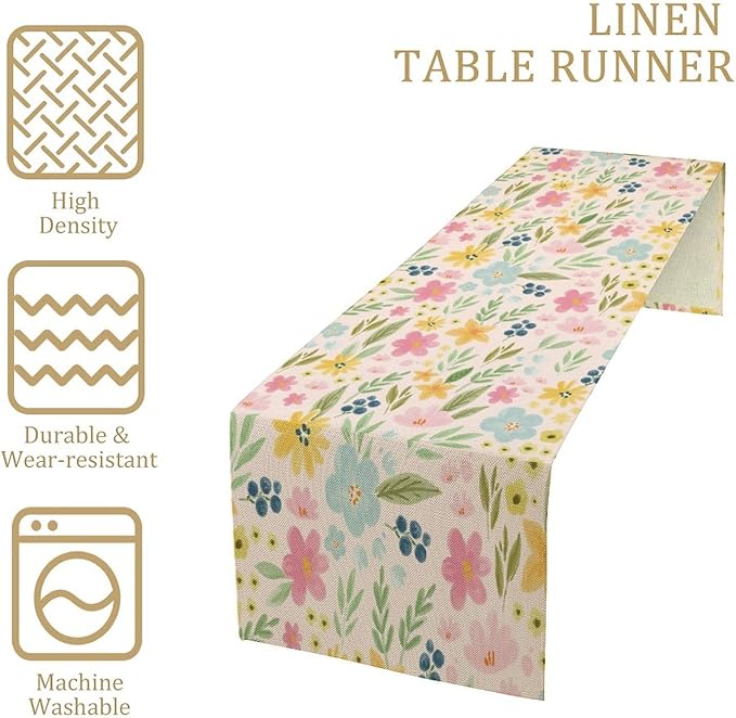 Floral Table Runner, Boho Style Watercolor Flower Green Leaf Plant Rectangle - Image 3