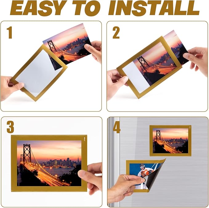 Magnetic Picture Frames with Golden Border, Magnet Photo Frame Pockets/Postcard - Image 4