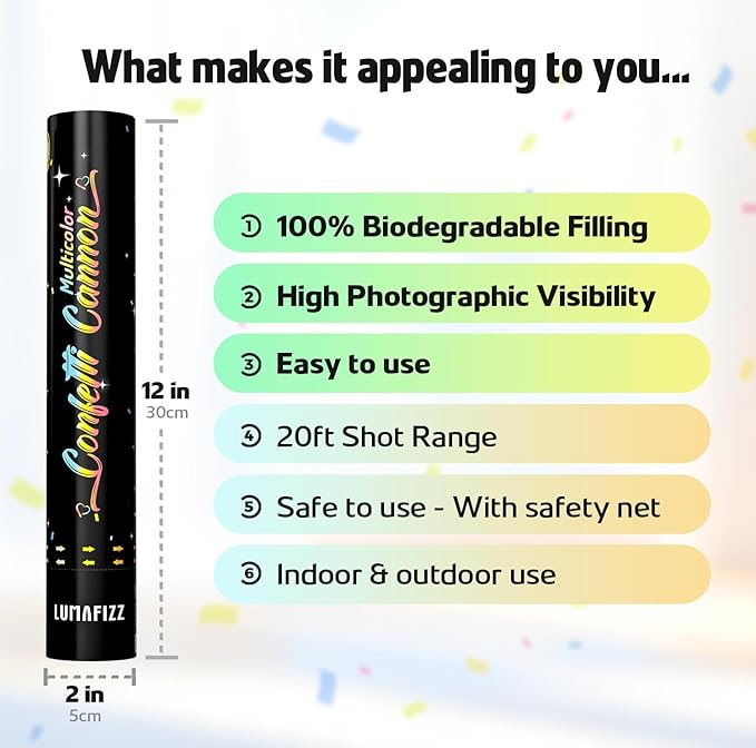 12 InchConfetti Biodegradable [6 Pack Confetti Cannons | Multicolor Confetti - Image 3