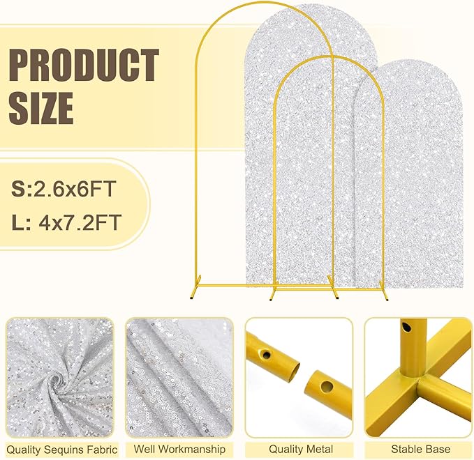 MODFUNS Metal Arch Backdrop Stand and Cover Set 6&7.2ft Silver Sequins Arch - Image 3