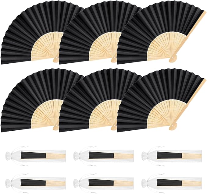 6 Pieces Black Hand Held Bamboo Folding Fans Foldable Paper Fans Handheld by Bringsparkletoeverydaylife
