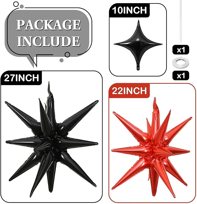 Black Red Star Balloons 12pcs, 27/22 Inch Foil Star Explosion Balloons - Image 6