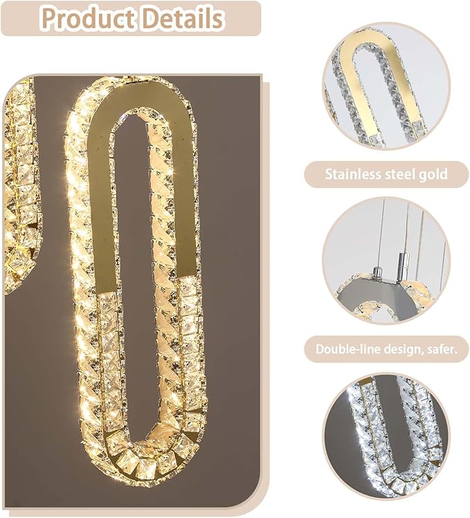 5 Rings Crystal Chandeliers for Staircase Large Pendants Light Fixture Gold - Image 2