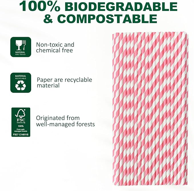 10.25" Long Pink/White Striped Disposable Paper Drinking Straws Bulk - Image 7