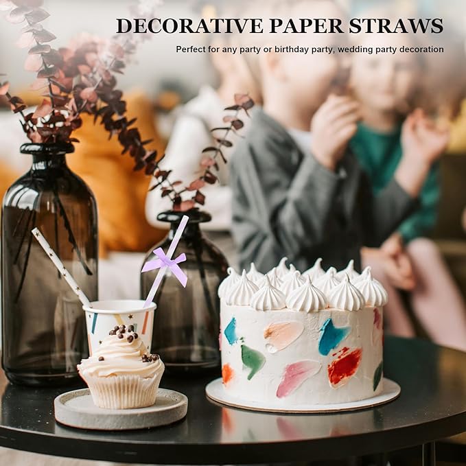 60Pcs Purple Paper Straws with Bow Tie Decorations, Disposable Drinking Straws - Image 3